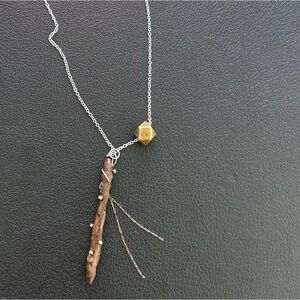 New Carved Wooden Pendant w Brass Necklace